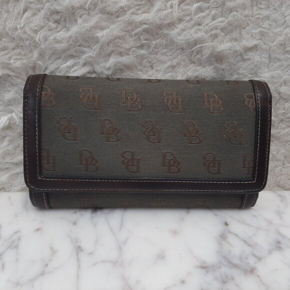 Dooney Bourke Wallet Brown Canvas Leather Trifold Checkbook Organizer Clutch - Picture 1 of 12